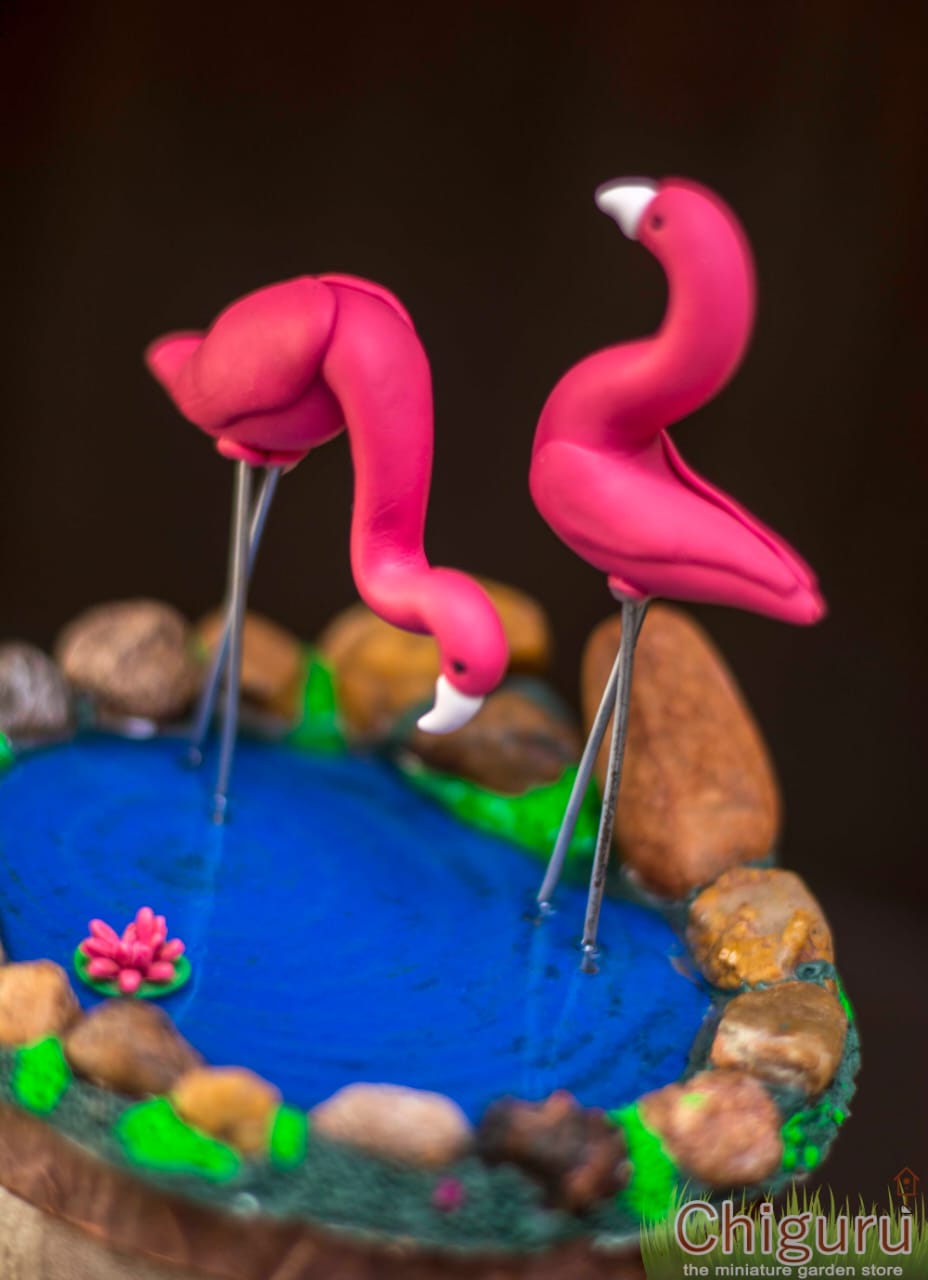 Miniature Flamingo set in pond home decor