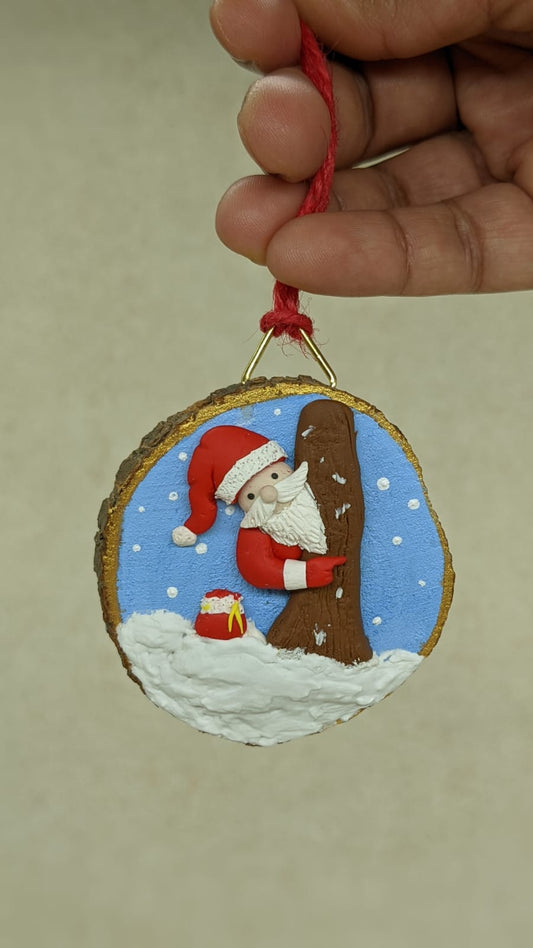 'Santa with his sack' on natural wood slice - Christmas Tree Ornament